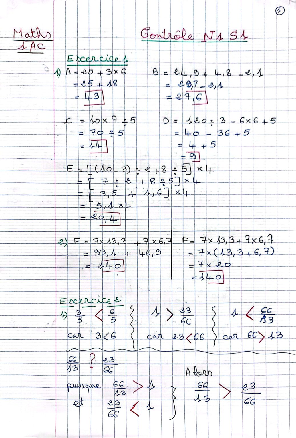 Devoirs Corrigés Maths N°1 S1 1AC Biof - Dyrassa