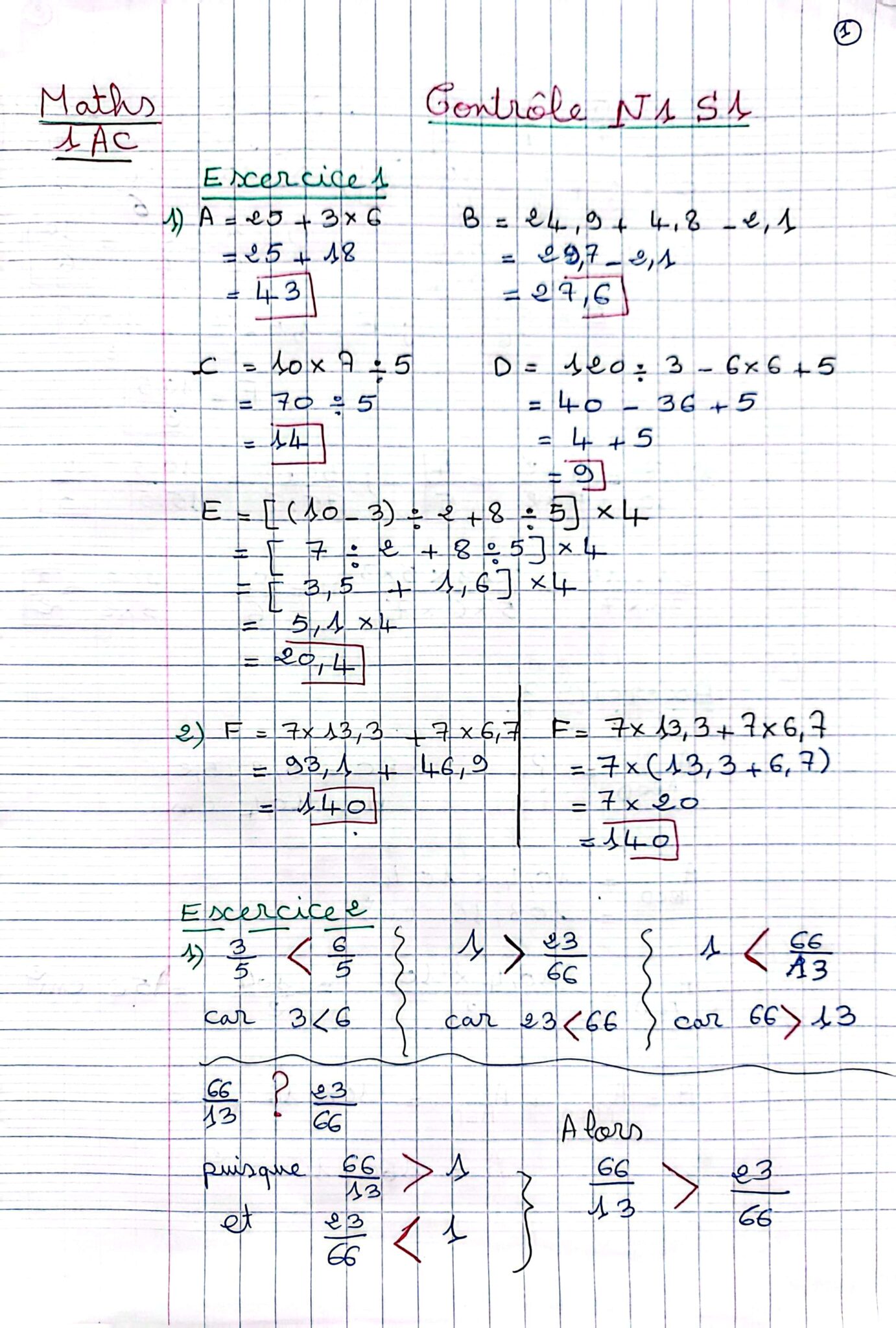 Devoirs Corrigés Maths N°1 S1 1AC Biof - Dyrassa