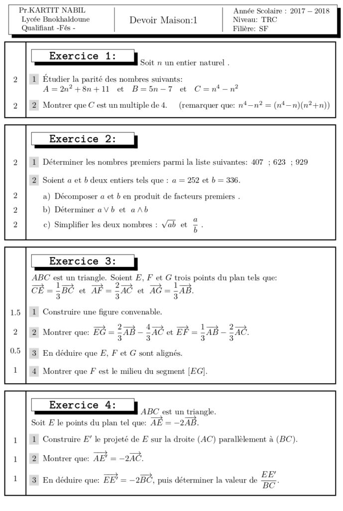 Devoirs Corrigés Maths N°1 S1 Tronc Commun - Dyrassa