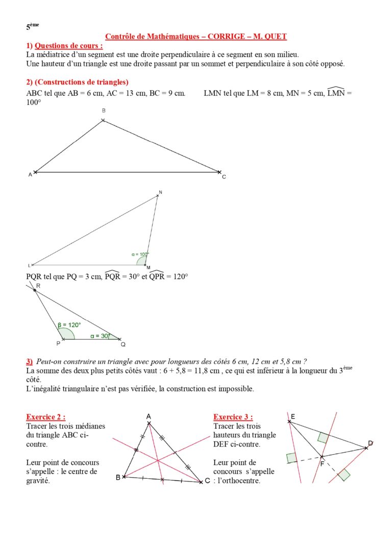 Droites Remarquable Dans Le Triangle Exercices Corrigés 1AC - Dyrassa