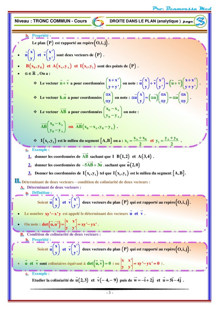 La Droite Dans Le Plan Exercices Corrigés Tronc Commun BIOF - Dyrassa