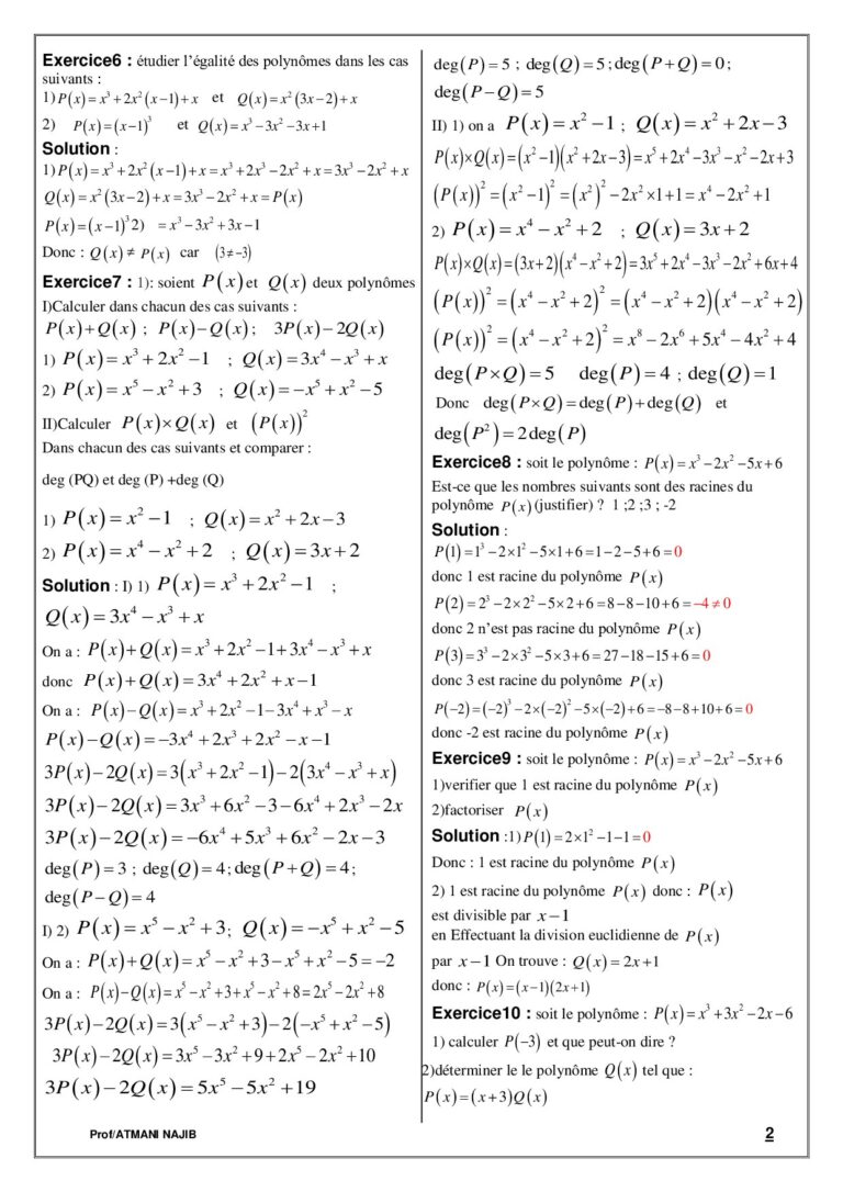 Les Polynômes Exercices Corrigés Tronc Commun Sciences Biof- Dyrassa