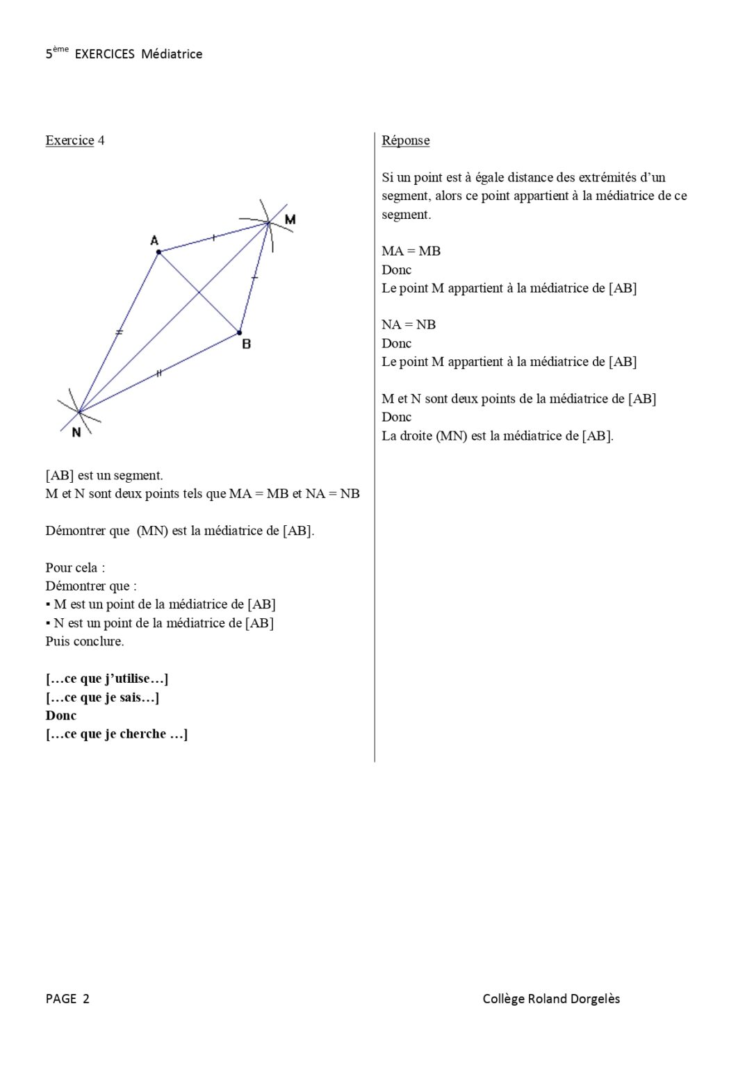 Inégalité triangulaire et médiatrice 1AC exercices corrigés Dyrassa — free download