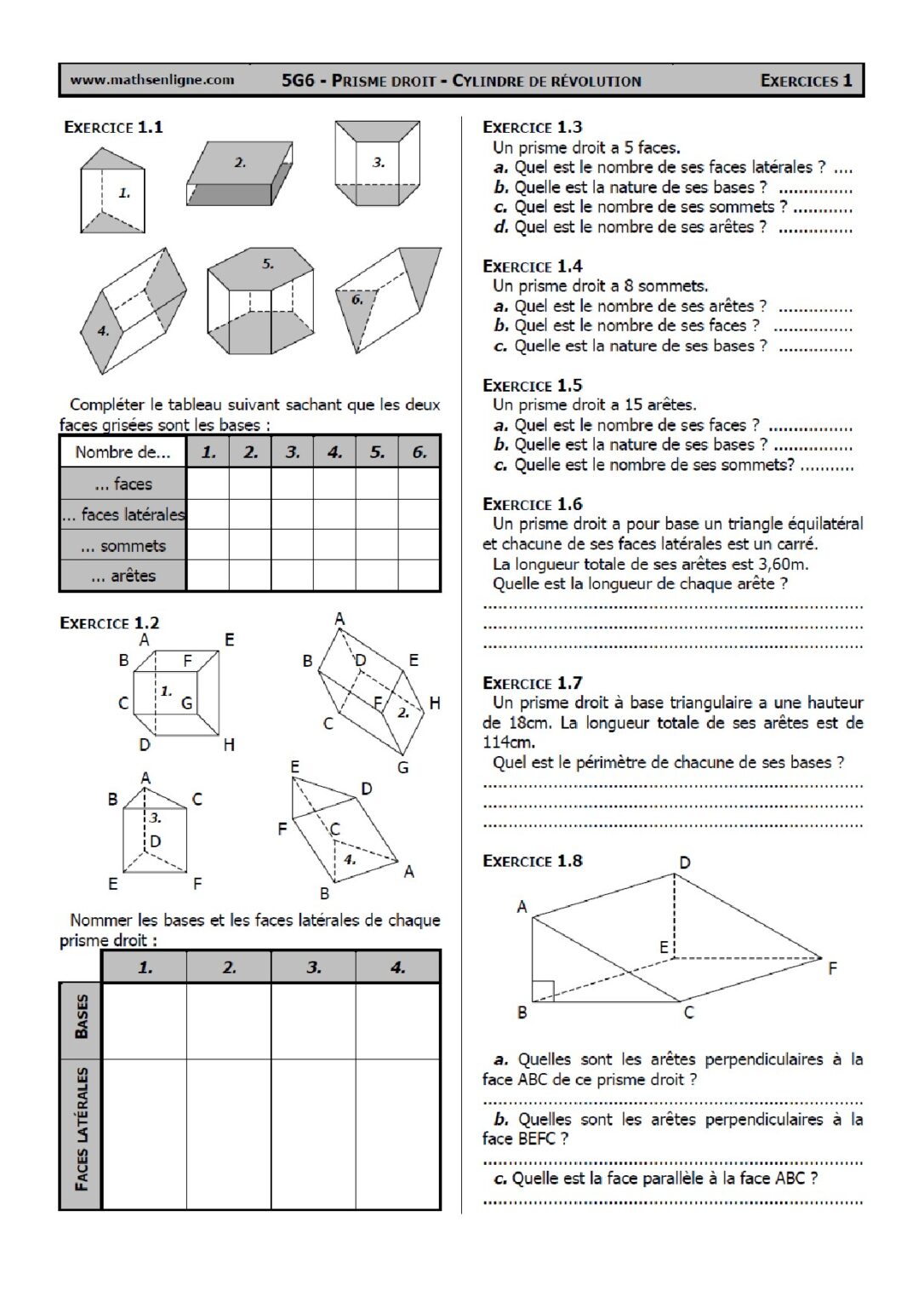 Prisme Droit Et Cylindres Exercices Corrig S Pour Ac Biof Dyrassa