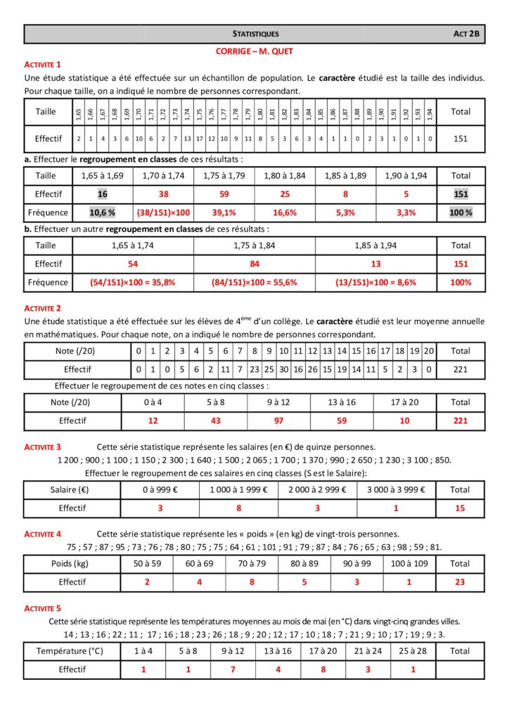 Statistiques Exercices Corrigés Pour 1AC Biof - Dyrassa