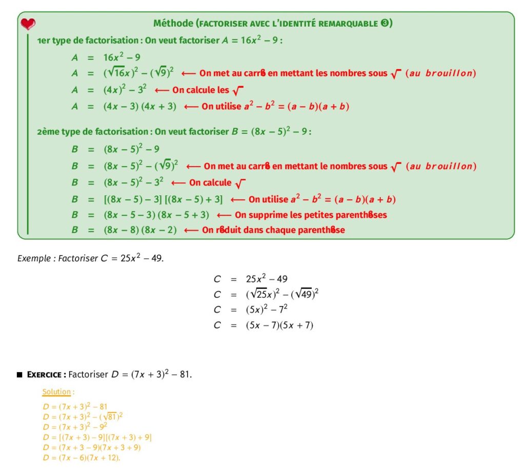 Les Identités Remarquables Cours - Dyrassa Factoriser Et Développer....