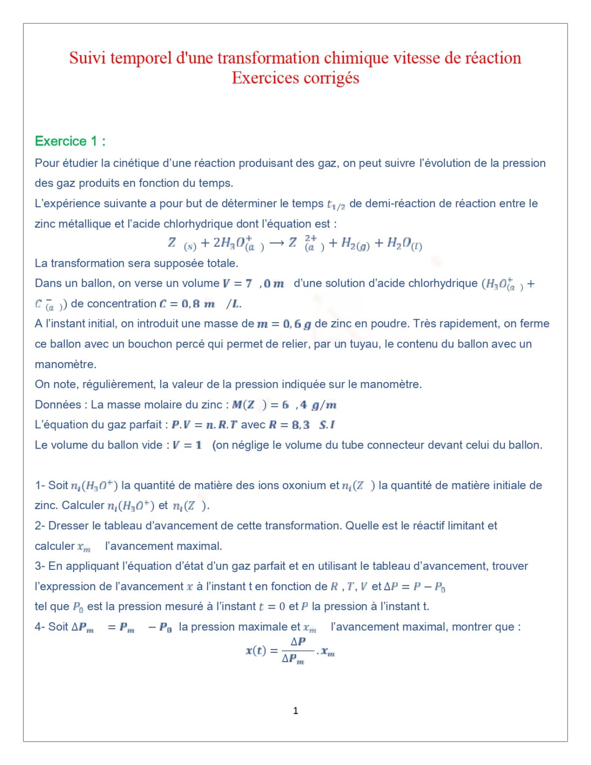 Suivi temporel d'une transformation chimique - Vitesse de réaction